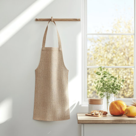 A photo of an apron mockup hanging on a kitchen hook with natural light highlighting subtle patterns. The scene evokes a homey and welcoming aesthetic.の素材