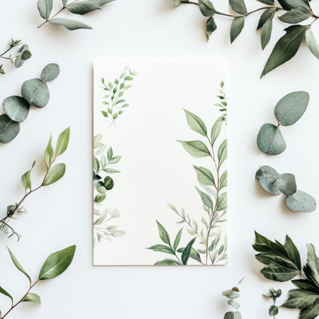 A greeting card mockup featuring a botanical illustration on a clean white background. Soft pastel tones create a delicate and inviting aesthetic, perfect for showcasing design and art projects.の素材
