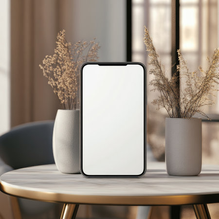 Minimalist smartphone mockup with a white screen on a modern table, customizable for app displays. Soft natural light highlights a clean, techy, professional atmosphere.の素材
