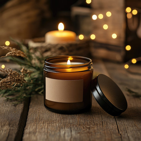 A scented candle jar mockup resting on a weathered wooden surface, lid slightly ajar, illuminated by soft warm lighting, creating a rustic and comforting vibe.の素材