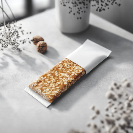 A snack bar packaging mockup positioned on a pale gray table. The angled view showcases a simple design with bright, natural lighting, creating a healthy and minimalist vibe perfect for nutritious products.の素材