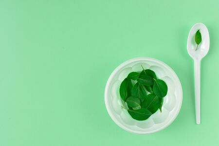 Plastic cutlery on a green background with place for text. Minimalism. Ecology. Disposable tableware. Vegetarianism. Flatlay. Top view. Flat lay.の写真素材