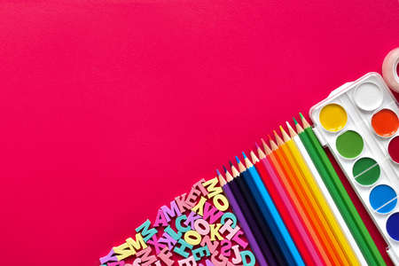 Stationery is geometrically constructed with a copy of the space. Back to school.の写真素材