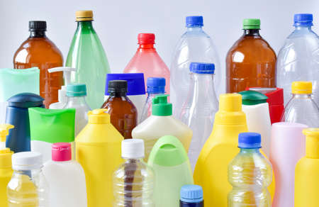 Various plastic bottles in a rowの写真素材