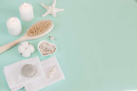 Various accessories for personal hygiene and body care. Flat lay. Top view.の写真素材