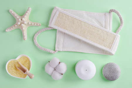 Various accessories for personal hygiene and body care. Flat lay. Top view.