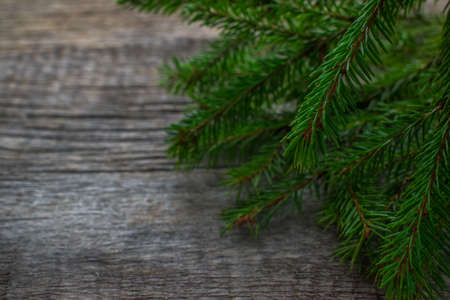 A wooden background with spruce branches has space for text. Happy New year and merry Christmas....