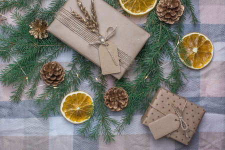 Various Christmas decorations. Gift sealed for the new year.