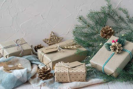 Boxes with gifts for the new year. Surprise for your family. Festive atmosphere