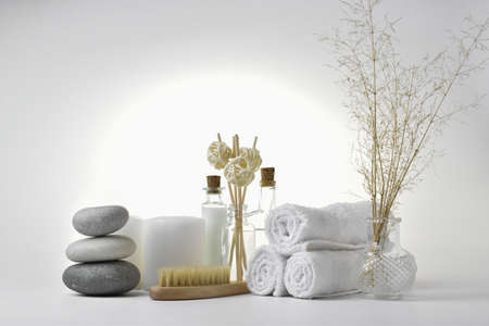 Various items for Spa treatments and massages on white