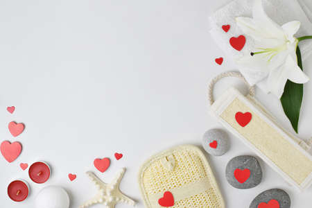 Valentines Day at the spa. Various bathroom accessories with a copy of the space. Flat layの写真素材