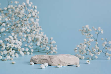 A minimalistic scene of a lying stone with flowers on a light blue background.の写真素材