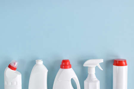 Cleaning in the house, apartment, office. Plastic packaging. Household chemicals. Different bottles...