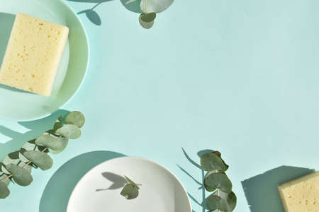 Background with eco sponges for dishes and plates between them eucalyptus leaves.の写真素材