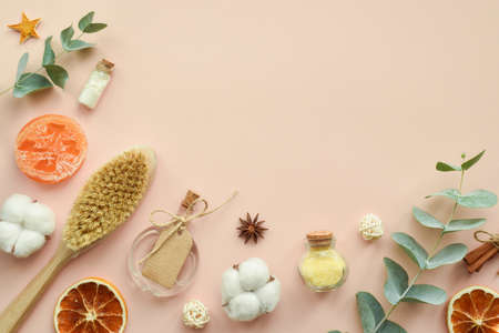 Natural organic accessories for spa treatments on a beige background. Zero waste. Body care. Eco...