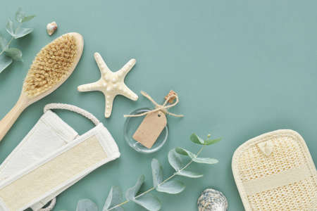 Natural organic bath accessories on a green background. Zero waste. Body care. Eco-cosmetics. Flat...