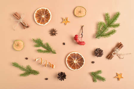 Christmas composition of natural objects for decoration and decoration are laid out in a chaotic order. Flat layout, top view, a place to copy. Flat lay.の写真素材