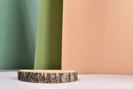 A showcase made of natural wood. Minimalistic branding scene.の写真素材