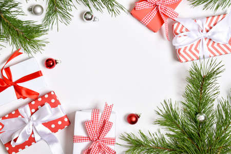 Invitation template for Christmas and New Year. A holiday card with a place for text. Flat layout, top view, place to copy.の写真素材