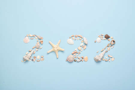 The numbers 2022 are lined with shells on a light blue background. Themed marine New Year greeting card for the holiday. Ecodesign. Minimalism.の写真素材