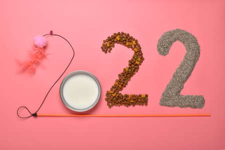 The numbers 2022 are laid out with objects for animals on a pink background. Themed Christmas card...