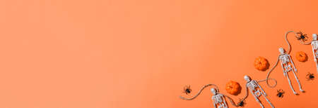 Halloween banner background with skeletons and pumpkins on an orange background. Flat layout, top view, a place to copy.の写真素材