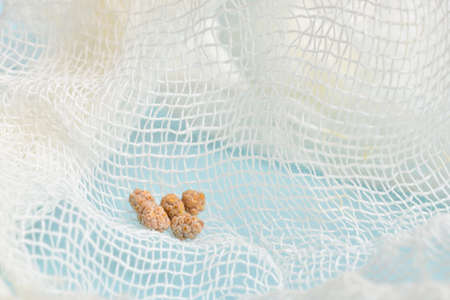 Gallstones cut out lie on gauze. The cut stones in the gallbladder lie on the gauze. Laparoscopy.の写真素材