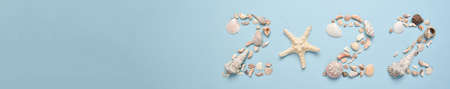 The banner numbers 2022 are lined with shells on a light blue background. Themed marine New Year greeting card for the holiday. Ecodesign. Minimalism.の写真素材