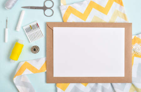 Sewing and home needlework. Flat layout, copy space, close-up, banner layoutの写真素材