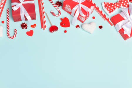 Background for Valentine's Day. A holiday card for lovers. Banner for February 14. Copy space. Flat lay, top view.の写真素材