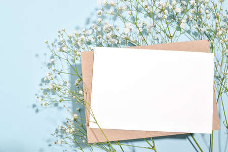 Clean paper lies on the envelopes next to the Gypsophila flowersの写真素材