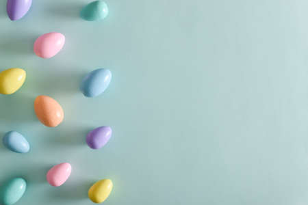 Easter postcard with bed-colored eggs with a copy of the place for the text. copyspace. Flat lay, top view.の写真素材
