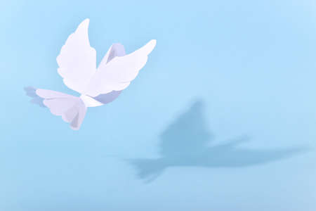 The symbol of peace is a white dove. A white pigeon made of paper with a shadow on a blue...