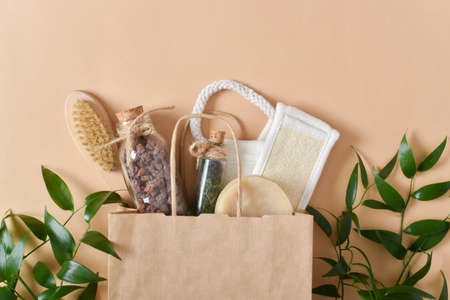 A paper bag with spa items. Eco products for body care. Eco packaging. Zero waste. Flat layout, top view, place to copy.の写真素材