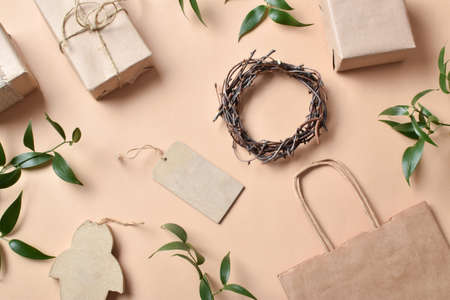 Various items made of natural material. Zero waste. A lifestyle without plastic. Flat lay, top view.の写真素材