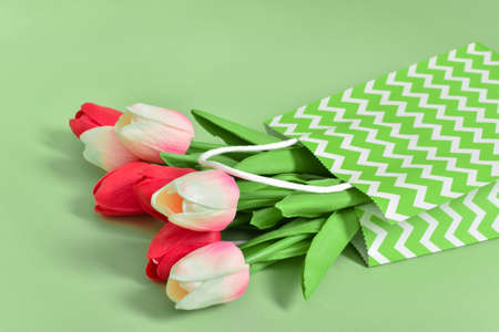 A beautiful bouquet of tulips in an eco-bag on a light green background. Space for copying. Flat...