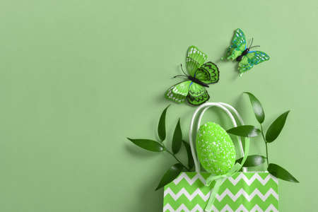 Green Easter egg butterflies and twigs in a paper eco-bag on a green background. Banner for a happy...