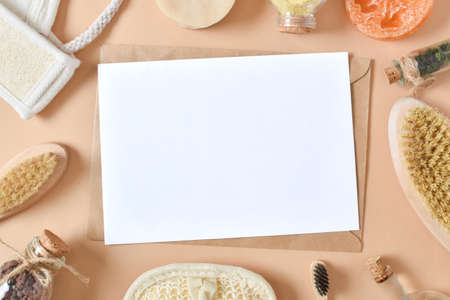 A frame of their spa accessories on a beige background. natural cosmetics. body care. copyspace. Flat lay, top view.の写真素材