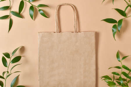 A paper bag and green leaves on a beige background. Takeaway food delivery. Eco packaging. Zero...