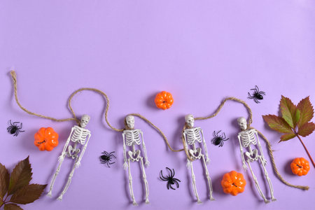 A mock-up of a festive Halloween with skeletons, spiders and pumpkins on a purple background with a place for text. A place to copy. Flat position, top view.の写真素材