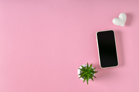 Smartphone background, heart and succulent. Bloggers and love, online communication. Space for copying. Flat position, top viewの写真素材
