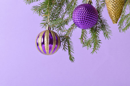 Christmas balls on a branch on a purple background. Background for Christmas. happy new year. copy spaceの写真素材