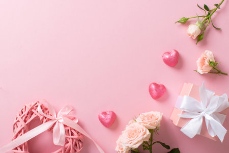 A mock-up of a Valentine's Day banner with a gift box, heart-shaped candies, a braided valentine and a bouquet of roses on a pink background. Valentine's Day greeting card template. Space for copying. Flat position, top view.の写真素材