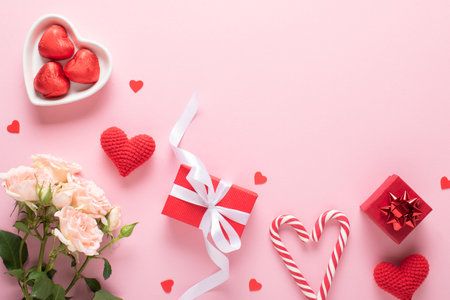 The layout of the banner for Valentine's Day. Valentine's Day greeting card template. Space for copying. Flat position, top view.の写真素材