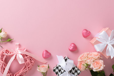 A mock-up of a Valentine's Day banner with a gift box, heart-shaped candies, a braided valentine and a bouquet of roses on a pink background. Valentine's Day greeting card template. Space for copying. Flat position, top view.の写真素材