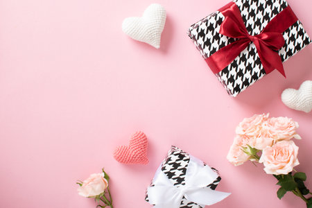 A layout of a Valentine's Day banner with a gift box, knitted hearts and a bouquet of roses on a pink background. Valentine's Day greeting card template. copyspace. Flat lay, top view.の写真素材