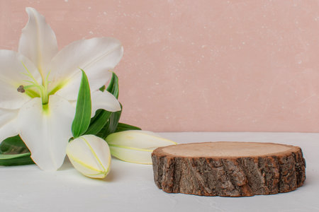 Eco catwalk with a lily flower on a pink background as an advertising template for product presentations.の写真素材