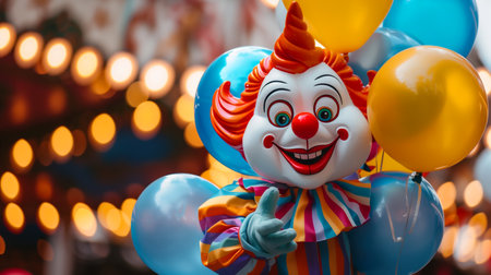 Clown with colorful balloons in amusement park, closeup of photoの素材