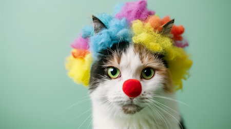 funny cat with colorful wig and clown nose on green background.の素材
