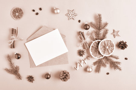 Spicy decorations for the new year. The Christmas decor is laid out on a beige background. The 2025 flower showcase is a mocha mousseの写真素材